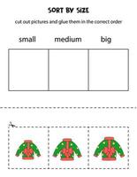 Sort pictures by size. Educational worksheet for kids. vector