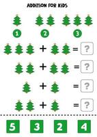Addition worksheet with cartoon Christmas tree. Math game. vector