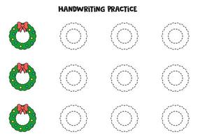 Tracing lines with Christmas wreath. Writing practice. vector