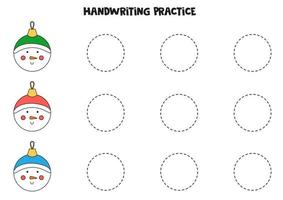 Tracing lines with Christmas snowman balls. Writing practice. vector