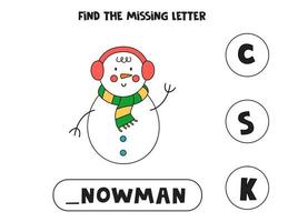 Find missing letter with cartoon snowman. Spelling worksheet. vector