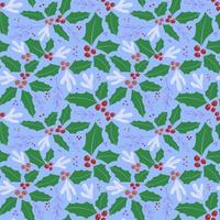 Vector seamless Christmas pattern. Hand drawing holly berries, green leaves, violet branches, frozen leaves and berries on blue background  for wrapping paper, wallpaper, post cards, textile, fabric.