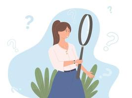 Woman holding giant magnifying glass Concept of investigation search for information vector