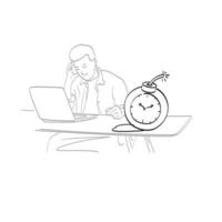 Empresario de arte de línea trabajando en estrés en computadora portátil con bomba de vector de ilustración de fecha límite aislado sobre fondo blanco