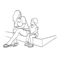 Línea de arte sonriente madre e hijo sentados en el vector de ilustración de sendero aislado sobre fondo blanco.