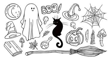 Halloween outline doodle set vector illustration. Ghost, Black cat, Pumpkin, witch's broom, spider web, witch hat, book, autumn leaves, candle, fly agaric, witch's potion.