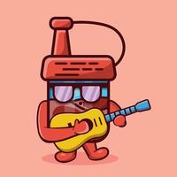 Divertida botella de salsa de soja mascota tocando la guitarra dibujos animados aislados en estilo plano vector