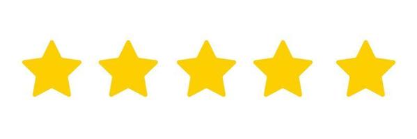 Five star customer product ratings review flat icons for apps and websites. Illustration of five golden yellow stars in a row. Isolated in a white background. Concepts for ratings, customers, review. vector