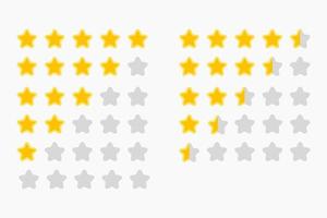 Set star ratings review flat icons for apps and websites. Illustration of five golden yellow stars in a row. Isolated in a white background. Concepts for ratings, opinion, vector