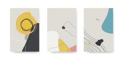 Set of three abstract backgrounds. Hand drawn style various shapes and doodle objects. Contemporary modern trendy vector illustrations. Every background is isolated. Black, White, Yellow, Blue Colors