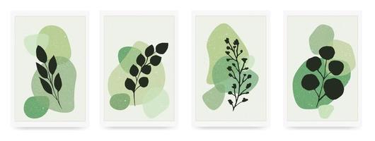 Set of minimal posters with tropical leaves abstract organic shapes composition in trendy contemporary collage style, can be used for wall art decoration, postcard, cover design. Natural green color. vector