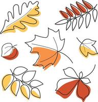 Set of seven different color autumn leaves. Doodle style vector