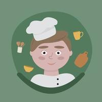 A boy dressed as a cook with dishes on a green background vector