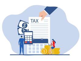 Hand gives notice pay tax financial,paperwork, financial research report and calculation of tax return. Payment of debt. Government, state taxes vector