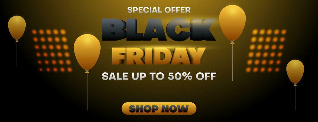 realistic Black Friday sale banner or poster with black and gold