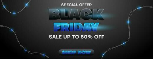 realistic black friday banner or poster in black and blue color with string lights vector