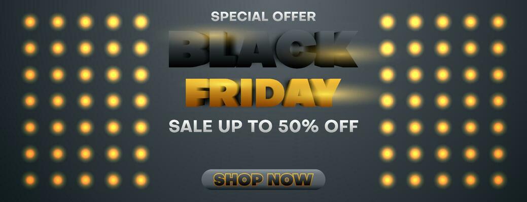 realistic Black Friday sale banner or poster with black and gold