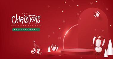 Feliz navidad y próspero año nuevo banner con decoración festiva y exhibición de productos de forma cilíndrica vector