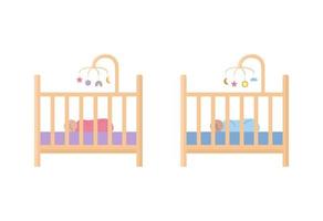 Cribs for baby girl and boy. Child cots isolated. Baby sleeping in bed with toy carousel for nursery interior. Vector flat illustration