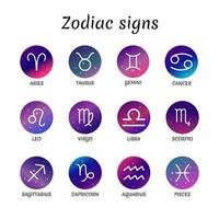 Zodiac signs. Vector set. Astrological elements with glowing stars isolated. Zodiac symbols on starry sky backround