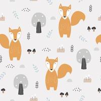 Seamless pattern vector Cartoon animal background with fox and trees Hand drawn design in kid style, use for print, wallpaper, decoration, fabric, textile.