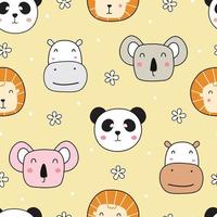 Fondo de dibujos animados de animales de patrones sin fisuras tiene la cara de un hipopótamo con un león y un panda. dibujado a mano en estilo infantil utilizado para impresiones, papeles pintados, decoraciones, textiles, ilustraciones vectoriales. vector