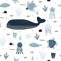 Blue whale and marine life seamless cute animal cartoon background Use for prints, wallpapers, clothing, textiles, vector illustration