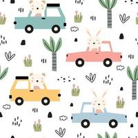 Cartoon transportation background for children Seamless Pattern Vector With Cars With tree cartoon style hand drawn design Used for prints, wallpaper, garments, textiles vector illustration