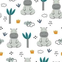 Fondo de dibujos animados de animales de patrones sin fisuras hay hipopótamos y árboles dibujados a mano en estilo infantil. Úselo para impresiones, fondos de pantalla, decoraciones, textiles, ilustraciones vectoriales. vector