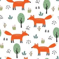 Seamless vector pattern cartoon fox with trees on white background Hand drawn design in children's style. for textile design, print, wallpaper, decoration