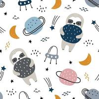 Fondo de animales de dibujos animados para niños de patrones sin fisuras con perezosos flotando en el espacio y las estrellas. diseño dibujado a mano de estilo infantil. uso para tela, textil, impresión de papel tapiz, decoración, ilustración vectorial. vector