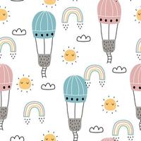 Cartoon pattern seamless vector background Balloons float in the sky with clouds and rainbows. hand-drawn design in children style. Use for printing, wallpaper, decoration, textiles