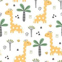 lindo patrón transparente para niños. Fondo de dibujos animados de animales con diseño de jirafa y árbol dibujado a mano en estilo infantil. uso para impresión, papel tapiz, tela, textil, ilustraciones vectoriales. vector