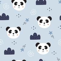 Fondo de animales de dibujos animados de patrones sin fisuras con cara de panda con cielo diseño dibujado a mano en estilo infantil, uso para tela, textil, impresión, papel tapiz de decoración. ilustración vectorial vector