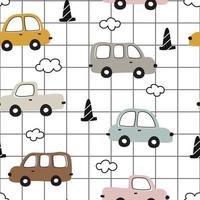 seamless vector pattern colorful vintage car background and square grid hand drawn design in cartoon style use for prints, textiles, fabrics, wallpapers, vector illustrations