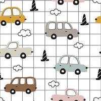 seamless vector pattern colorful vintage car background and square grid hand drawn design in cartoon style use for prints, textiles, fabrics, wallpapers, vector illustrations