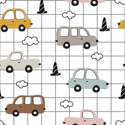 seamless vector pattern colorful vintage car background and square grid hand drawn design in cartoon style use for prints, textiles, fabrics, wallpapers, vector illustrations