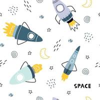 Ilustración de fondo espacial con cohetes y estrellas patrón de vector transparente dibujado a mano en estilo de dibujos animados para impresión, papel tapiz, decoración, tela, textil