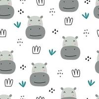 Fondo de dibujos animados de animales de patrones sin fisuras hay una cara de hipopótamo y un grupo de hierba. dibujado a mano en estilo infantil para estampados, papeles pintados, decoraciones, textiles, ilustraciones vectoriales.