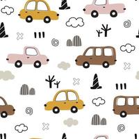 patrón de vector transparente colorido fondo de coches de época y árboles con nubes diseño dibujado a mano en estilo de dibujos animados. uso para estampados, textiles, telas, papeles pintados, ilustraciones vectoriales