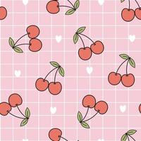 Seamless pattern red ripe cherry with square grid background hand drawn design in cartoon style. use for textile, fabric, publication, gift wrapping, vector illustration