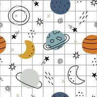 Stars and space seamless pattern on square grid background hand-drawn design in cartoon style Used for printing, wallpaper, decoration, textiles. vector illustration