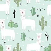 Cartoon animal background for kids Seamless pattern with llama and cactus. Hand drawn design in children's style, used for fabrics, textiles, wallpaper printing, decoration. vector