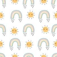 Cartoon pattern seamless vector background rainbow and sun Hand-drawn design in children's style. Use for print, wallpaper, decoration, textiles.