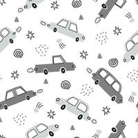 Transportation vehicle background for children. Seamless pattern vector with hand drawn vintage cars in cartoon style. Use for prints, decorative wallpaper, fabrics, textiles.