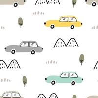 Fondo de dibujos animados de transporte para niños patrón transparente de vector con coches y montañas con diseño dibujado a mano de estilo infantil de viaje utilizado para impresión, papel tapiz, tela, textil.