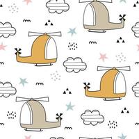 Seamless pattern The background of the helicopter floating in the sky and with clouds Cute pattern for children Use in publication, wrapping paper, wallpaper, textile, fabric Vector illustration