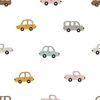 Seamless vector pattern colorful vintage car on a white background hand-drawn design in cartoon style Use for prints, decorative wallpaper, textiles, fabrics, vector illustrations