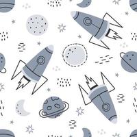 Ilustración de fondo espacial con estrellas y cohetes patrón de vector transparente dibujado a mano en estilo de dibujos animados utilizado para imprimir papel tapiz textil tejido decorativo