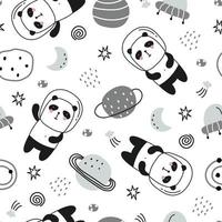 Cartoon animal background for kids Seamless pattern with pandas floating in space and stars. Hand drawn design in children's style, used for fabrics, textiles, wallpaper printing, decoration. vector